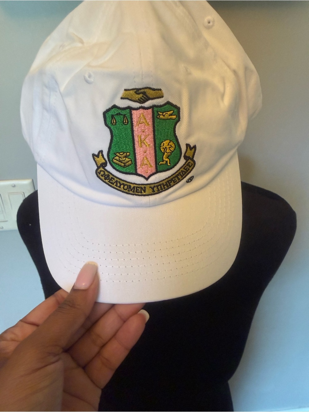 White AKA  Baseball Cap with Pink & Green Crest